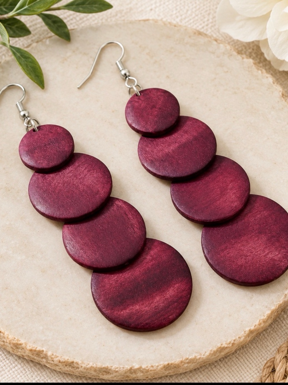 Handmade Burgundy Layered Disc Drop Earrings - Women Jewelry